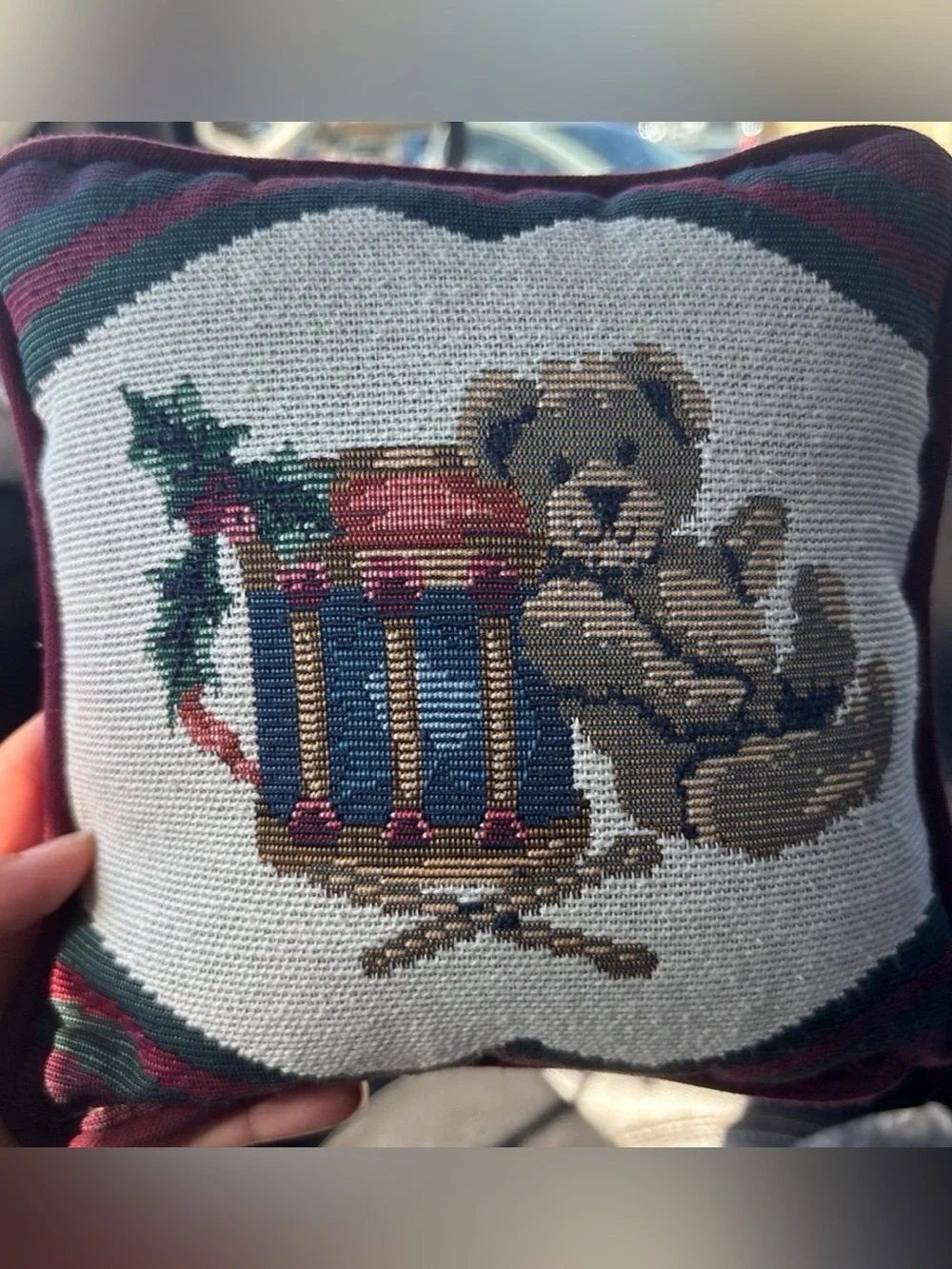 Holiday Needlepoint Teddy Ornament Pillow - Multicolor
